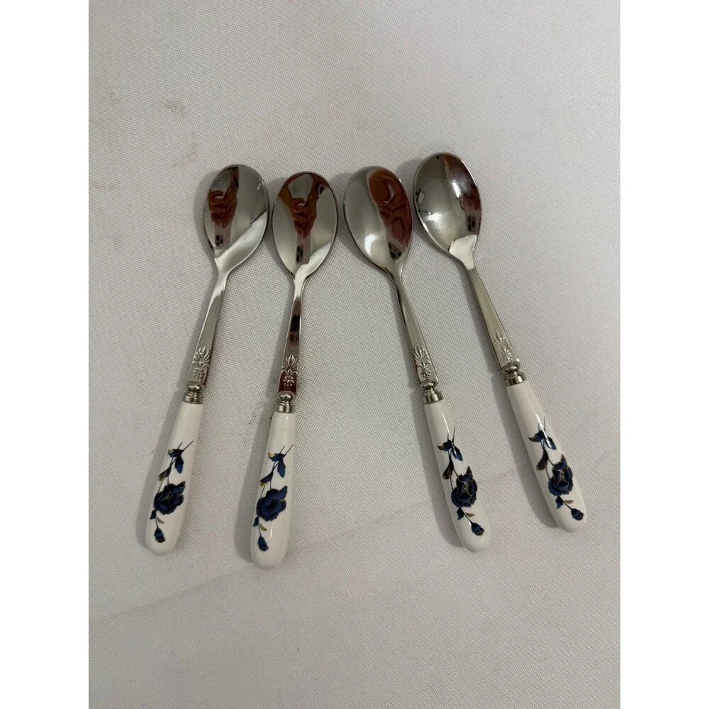 4 Porcelain Handled Stainless Steel Spoons Coffee Tea Dessert Lot NEW